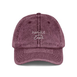 washed dad hat detail, embroidered script