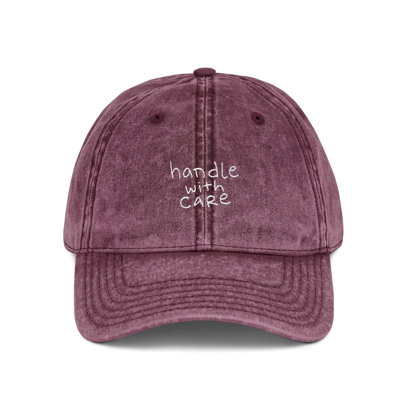 washed dad hat detail, embroidered script