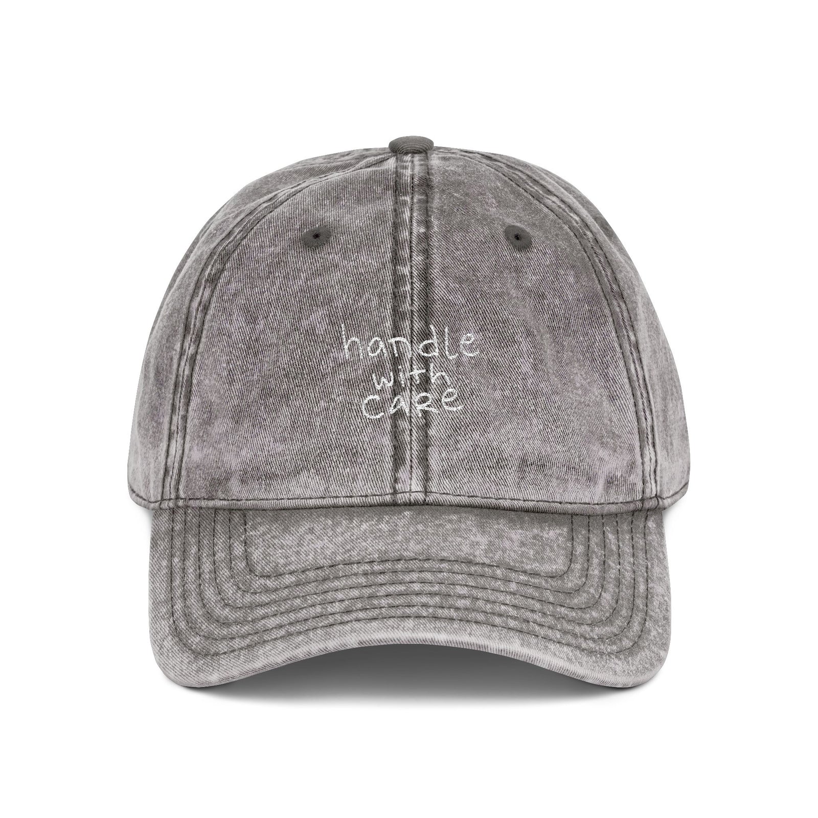 washed dad hat front, embroidered script, blur society